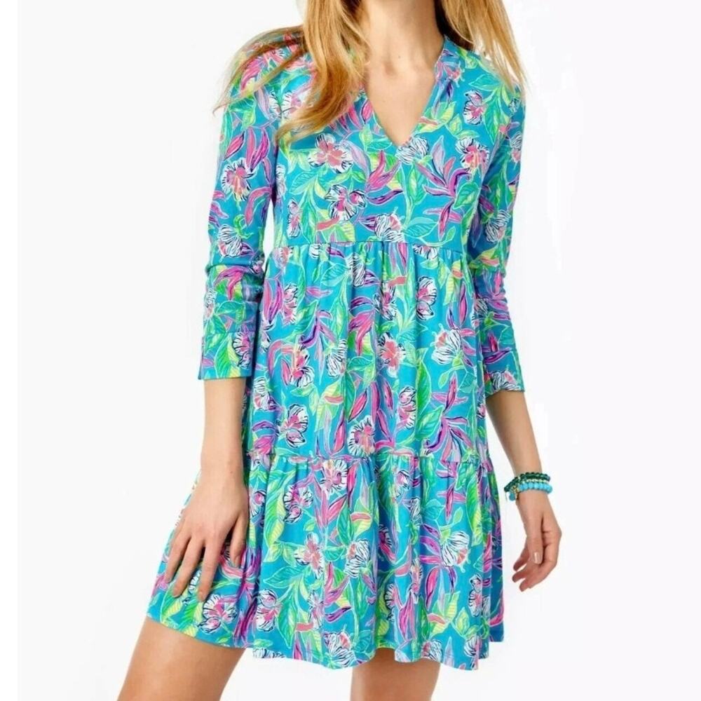 Lilly Pulitzer Alaina Swing Tiered Turquoise Keep On Beleafing Floral Dress NEW